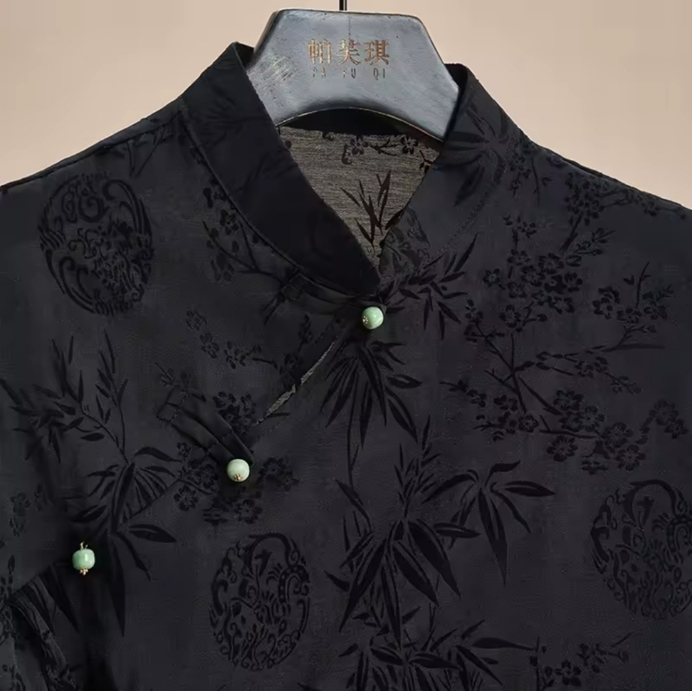 Retro Thin Shirt New Chinese Style Cheongsam TopBlack Jacquard Short Sleeve T-s - Picture 3 of 6